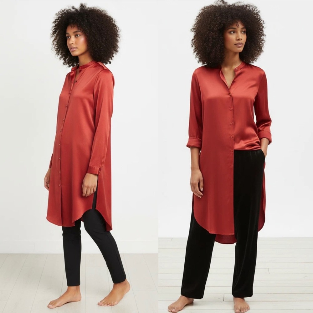 Eileen Fisher Satin Mandarin Collar Tunic in Serrano‎ (Rust Red) Size SP